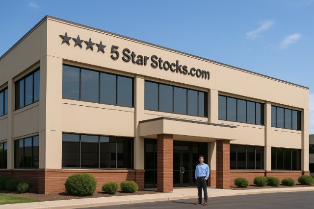 5 Star Stocks.com office building with a man in business attire.
