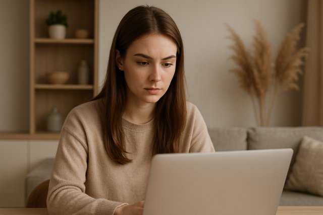 Woman researching AI image tools on laptop in cozy setting.