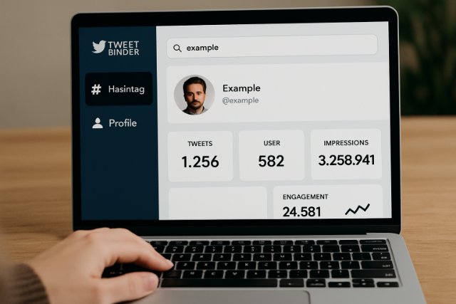 Tweet Binder dashboard displaying hashtag and profile analytics on a laptop.
