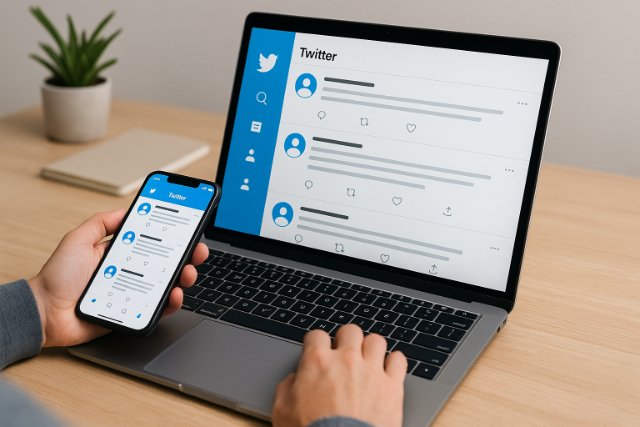 Person using Twitter on phone and laptop at desk.