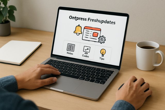 Person using Ontpress Freshupdates on laptop at desk.