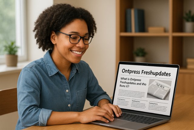 Woman reading Ontpress Freshupdates on a laptop in a bright room.