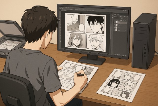 Manga editor editing pages on computer with scanner and manga printouts