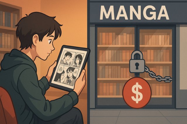 Fan reading manga on tablet versus official manga shop with restrictions
