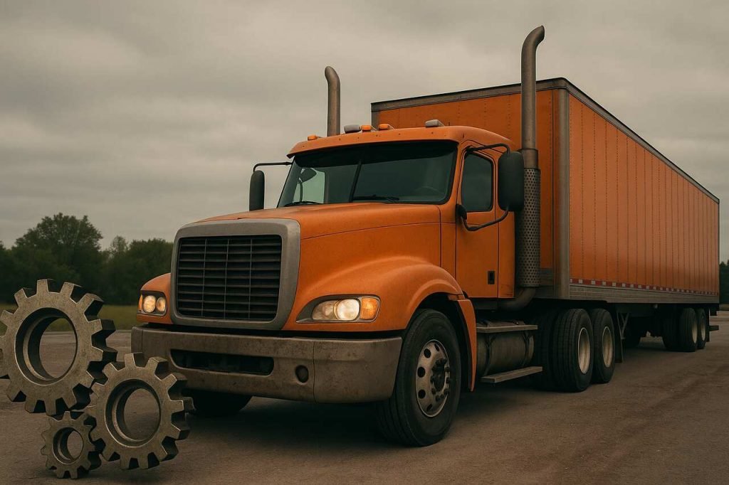 Gears, Grit, and Heavy Automatics: A Simple Guide for New Drivers Orange semi-truck with gears on cloudy roadside for new driver guide.