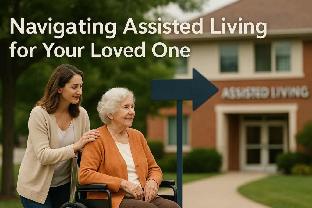 Navigating Assisted Living for Your Loved One Woman helping elderly relative in wheelchair toward assisted living facility.