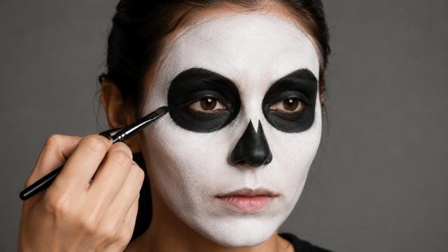 Skeleton makeup with black eye sockets and nose cavity