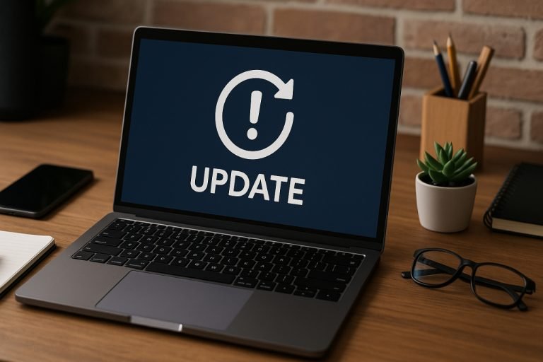 Why Updates Are Important JotechGeeks: Key Benefits & Best Practices Laptop showing software update alert on a desk workspace.