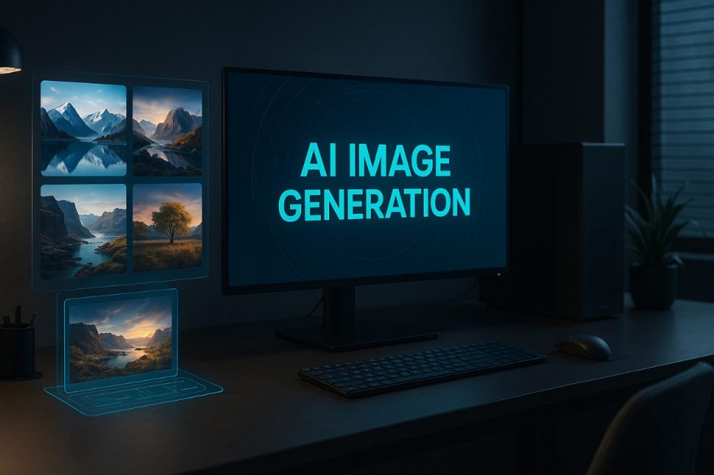 Gramhir Pro: Ultimate Guide to AI Image Generation Futuristic AI workstation with holographic image panels
