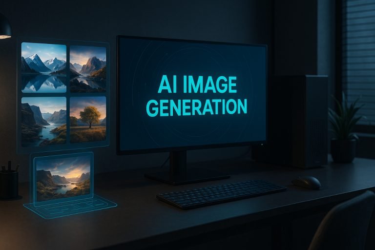 Gramhir Pro: Ultimate Guide to AI Image Generation Futuristic AI workstation with holographic image panels