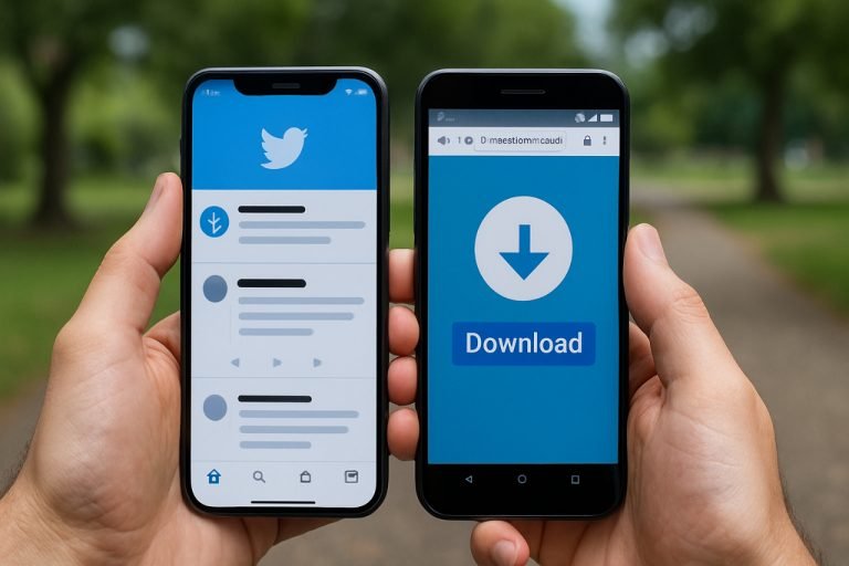 twitter media viewer: Download Tweets & Media Two phones displaying Twitter and download screen side by side outdoors.