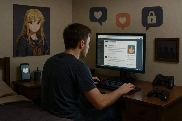 simpcity: Inside the Digital Culture of Fandom, Leaks & Community Young man browsing fandom forum in cozy, anime-themed bedroom.