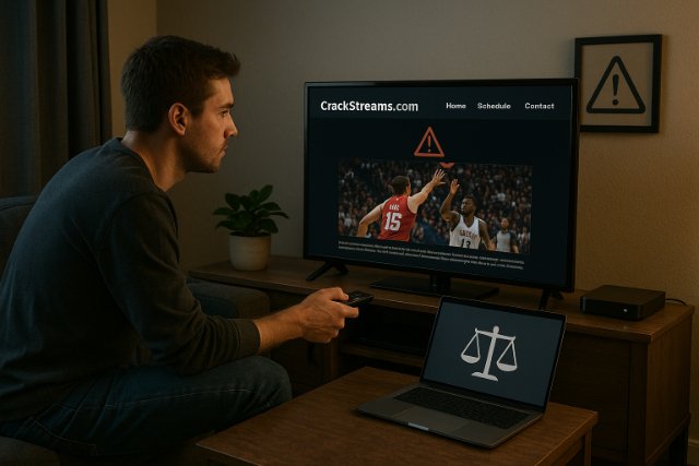 CrackStreams: Legal Risks & Best Alternatives in 2025 Man watching CrackStreams sports stream with legal warning signs nearby.