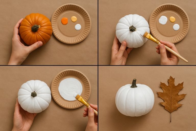 Pumpkin Painting: Step-by-Step Guide for Stunning Decor Step-by-step pumpkin painting process on kraft paper background.