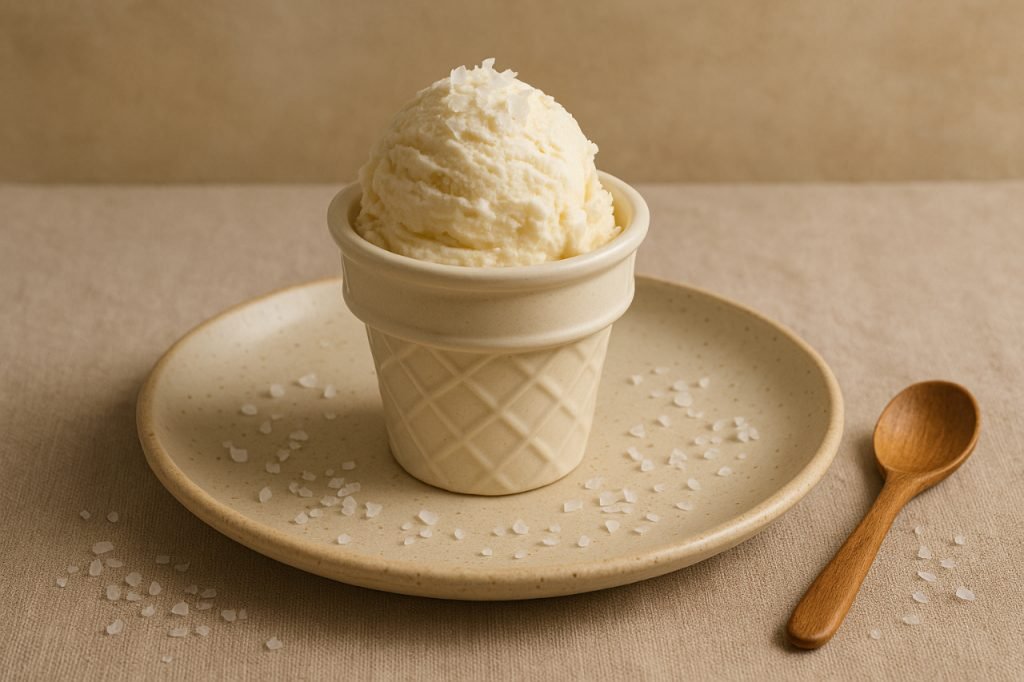 Salty Ice Cream: Savory Frozen Desserts Are the Next Big Trend Vanilla ice cream with sea salt in a cone-shaped ceramic cup on a beige plate.