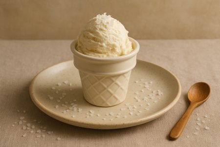 Vanilla ice cream with sea salt in a cone-shaped ceramic cup on a beige plate.