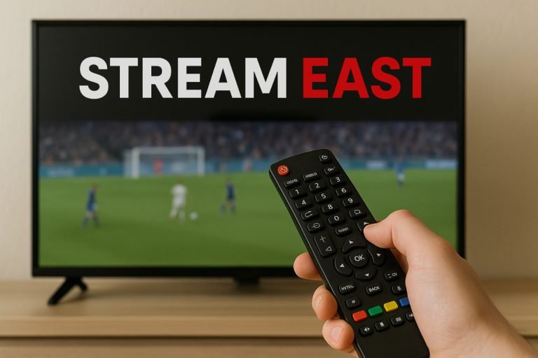 istreameast: Is It Safe, How It Works & Legal Alternatives Remote pointed at TV streaming a soccer game with Stream East interface.