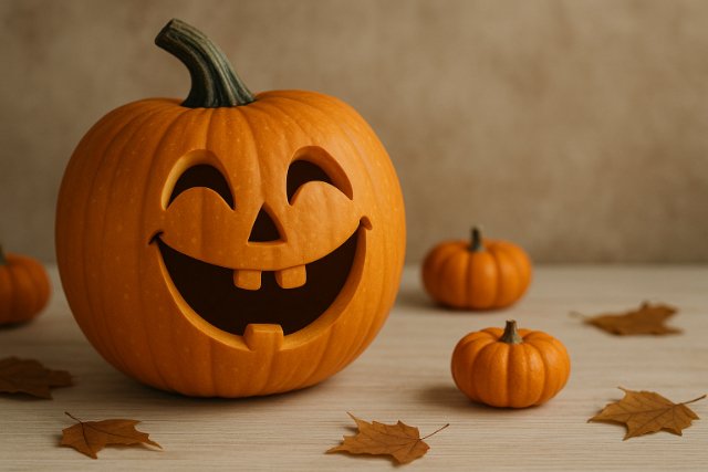 Halloween Jokes: Funny, Family-Friendly & Spooky Puns for 2025 Playful jack-o'-lantern with smiling face and mini pumpkins around it.