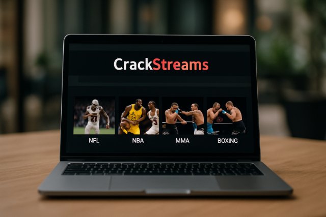 Laptop screen showing CrackStreams sports streaming homepage.