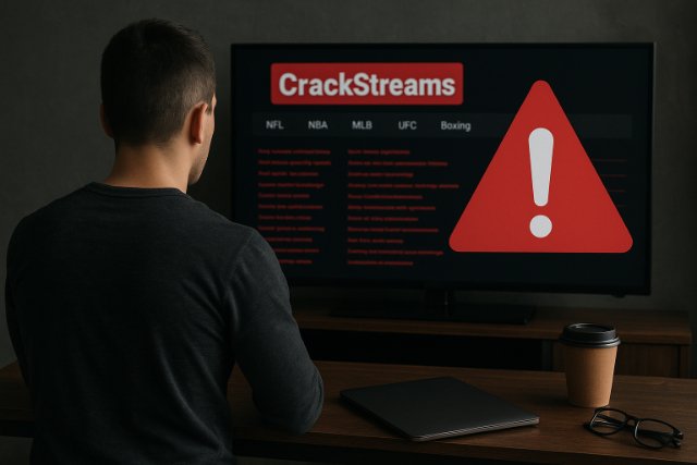 Man viewing CrackStreams site on TV with warning icon indicating legal and security risks.