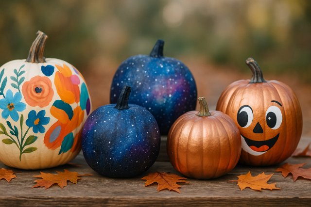 Painted pumpkins in creative styles like galaxy, floral, and cartoon on a fall-themed table.
