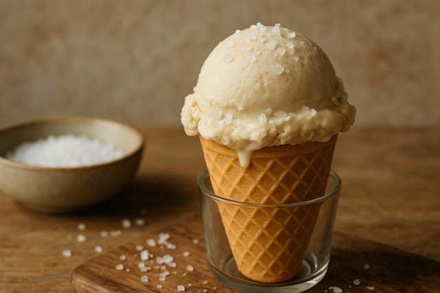 Salted ice cream scoop in waffle cone with sea salt flakes.