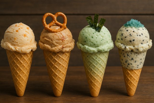 Salty ice cream cones with global flavor toppings on a wooden surface.