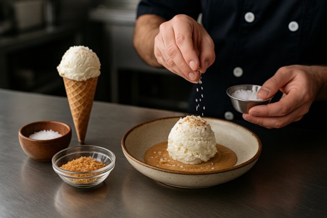Chef adding salt to a scoop of gourmet ice cream.