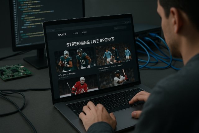 Streaming site setup with laptop, code editor, and network hardware.