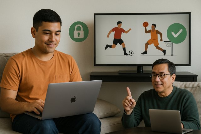 Men using laptop and TV to stream sports legally and safely.