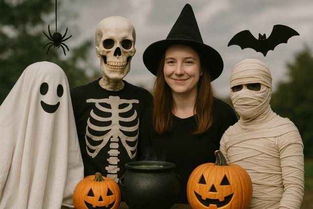 Realistic Halloween costumes of ghost, skeleton, witch, and mummy outdoors.