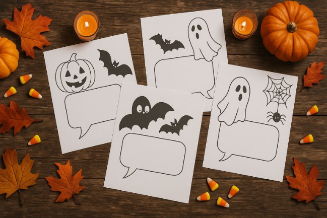 Printable Halloween joke sheets on a festive fall table with spooky decorations.