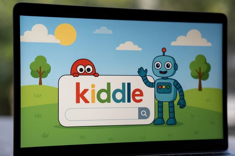 kiddle: The Safe Search Engine That Makes the Web Kid-Friendly Realistic screen showing Kiddle's kid-safe search homepage with cartoon characters.
