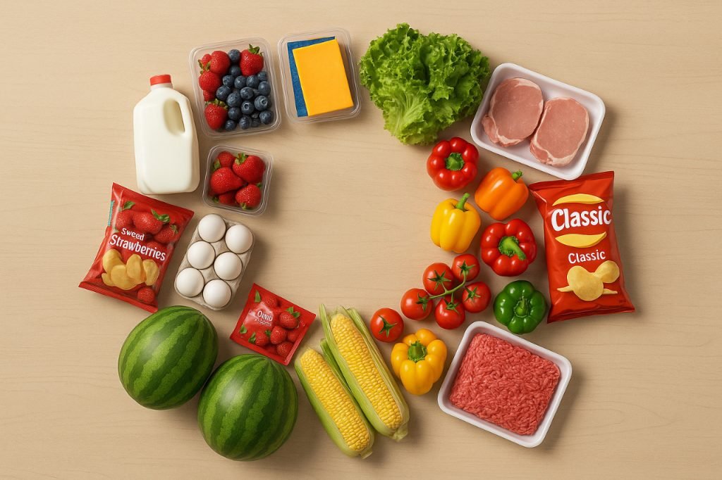 ALDI Weekly Ad: Deals & Flyer Guide ALDI grocery items arranged on table for weekly deals flyer