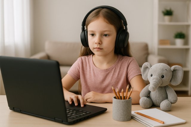 Child using a laptop in a safe home learning environment.