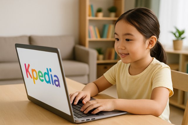 hild using Kpedia on a laptop in a home learning space.