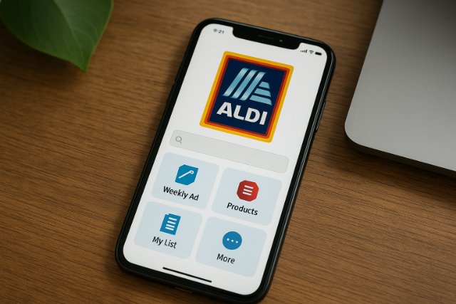 Smartphone showing ALDI app on a wooden desk