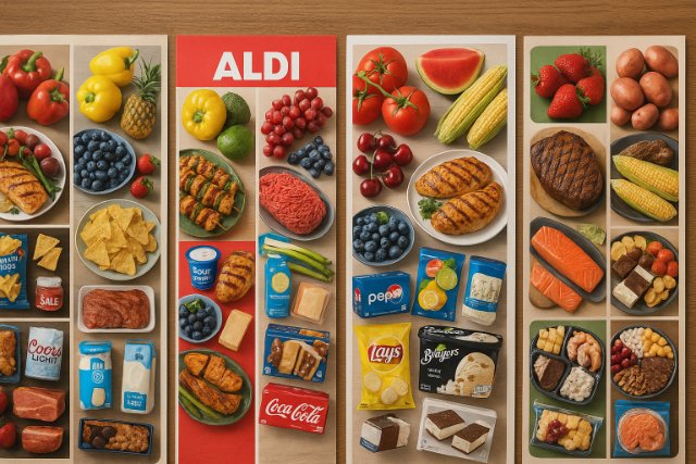 ALDI weekly ad next to other grocery circulars with food items on a table.
