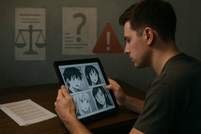 Person reading manga on tablet with legal and safety symbols in background