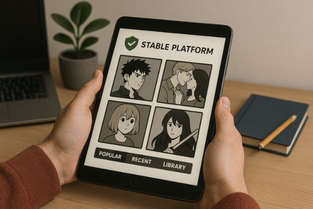 Hands holding a tablet displaying a stable manga/webtoon reading app interface.