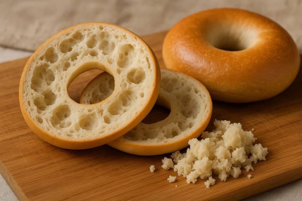Scooped bagel halves with crumbs on a wooden board