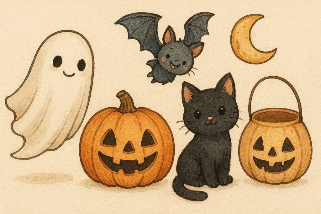 Cute Halloween drawings of ghost, pumpkin, black cat, and bat in watercolor style.