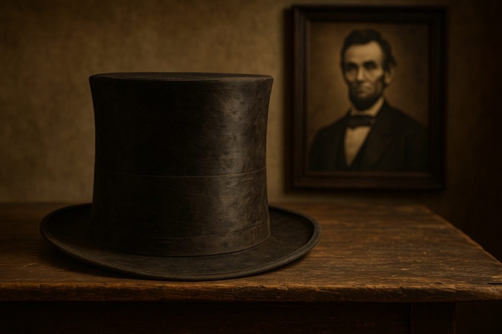 Abraham Lincoln’s Hat: The Icon and the Legacy of a President’s Abraham Lincoln's black top hat on wooden table with portrait in background.