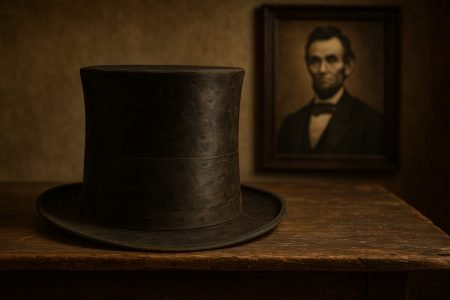 Abraham Lincoln's black top hat on wooden table with portrait in background.