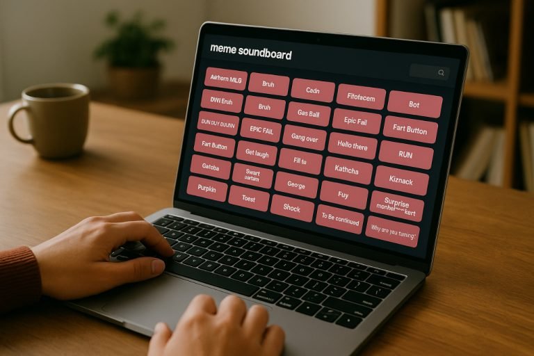 Meme soundboard interface on a laptop in a cozy home office.