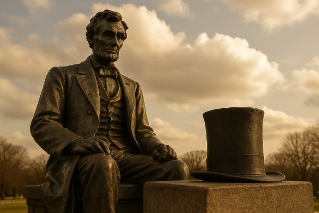 Abraham Lincoln statue with stovepipe hat beside him in autumn park.