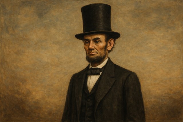 Abraham Lincoln wearing a tall black stovepipe hat in a classic portrait style.