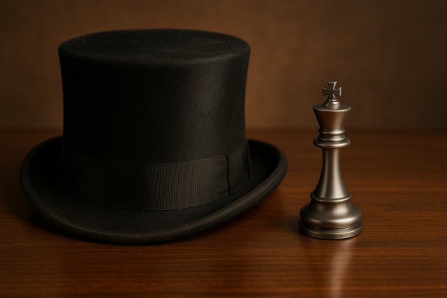 Black top hat and silver chess king on wooden table