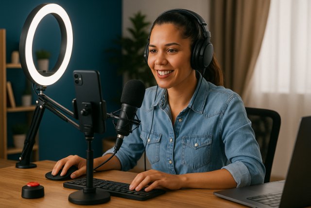 Woman live streaming with soundboard and tech setup in home studio