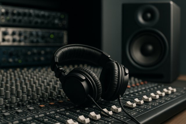 Professional headphones on mixing console in studio setting.